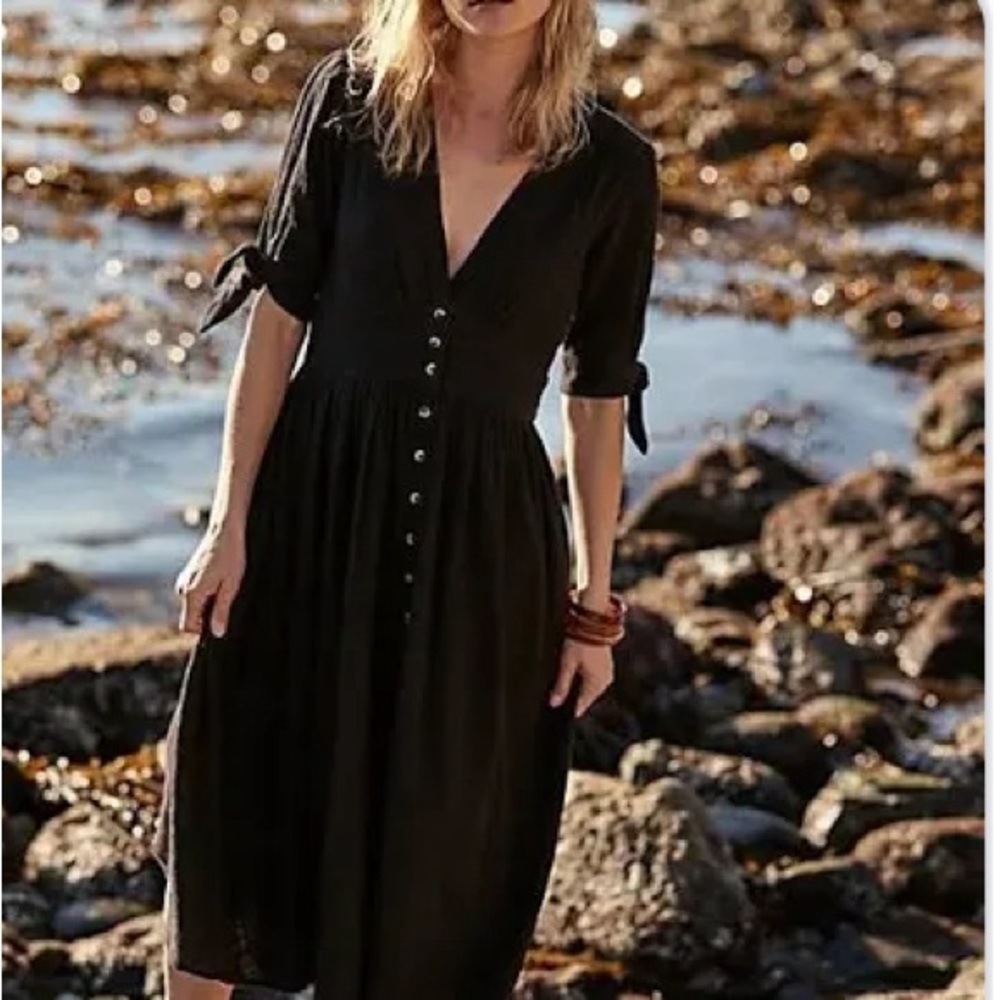 Free people long black button up dress SzS womens